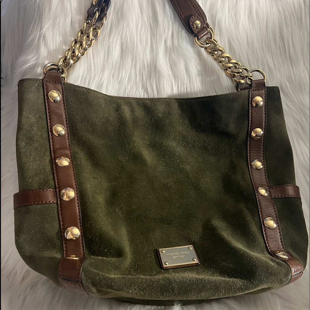 Michael Kors Suede Hunter Green Tote Bag With Gold Hardware Accents